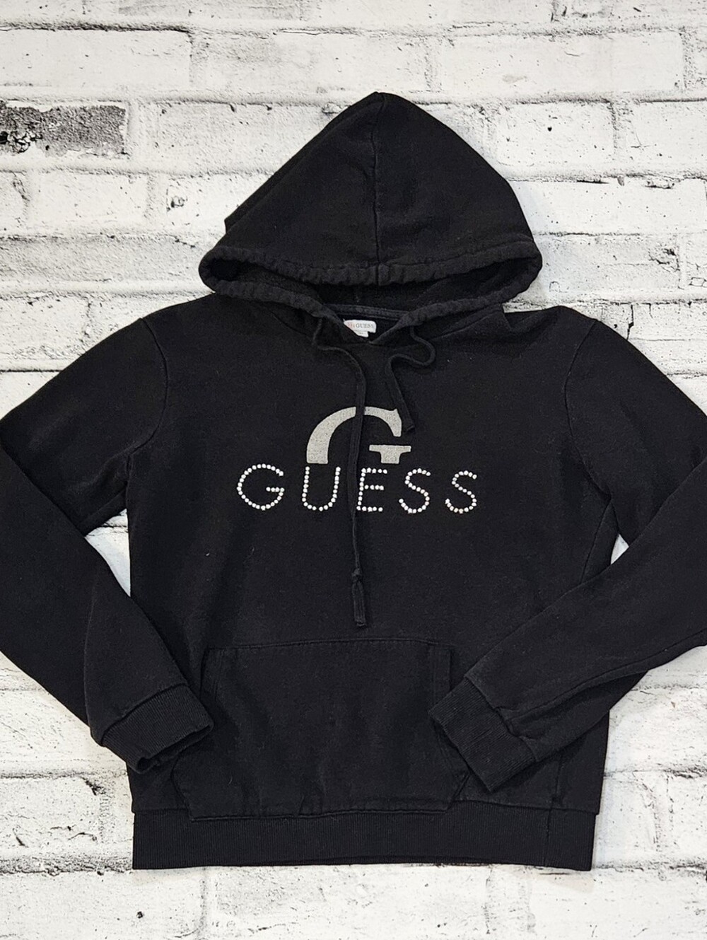 Guess 1981 Womens M Black Rhinestone Logo Pullover Hoodie Y2K